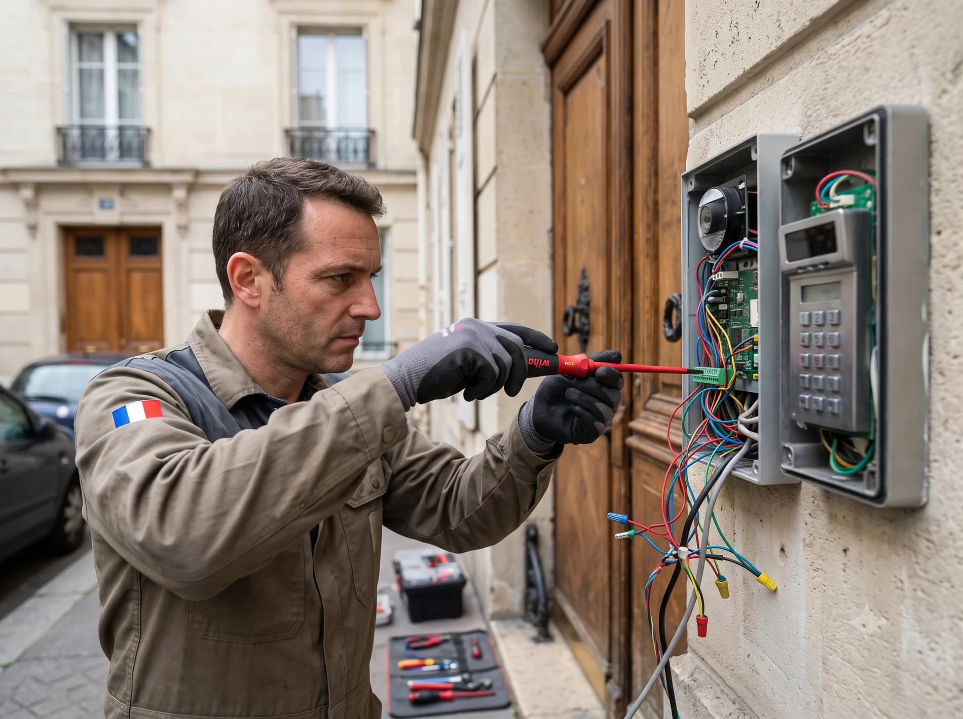 Technicien réparant un interphone et un digicode d'immeuble dans les Yvelines