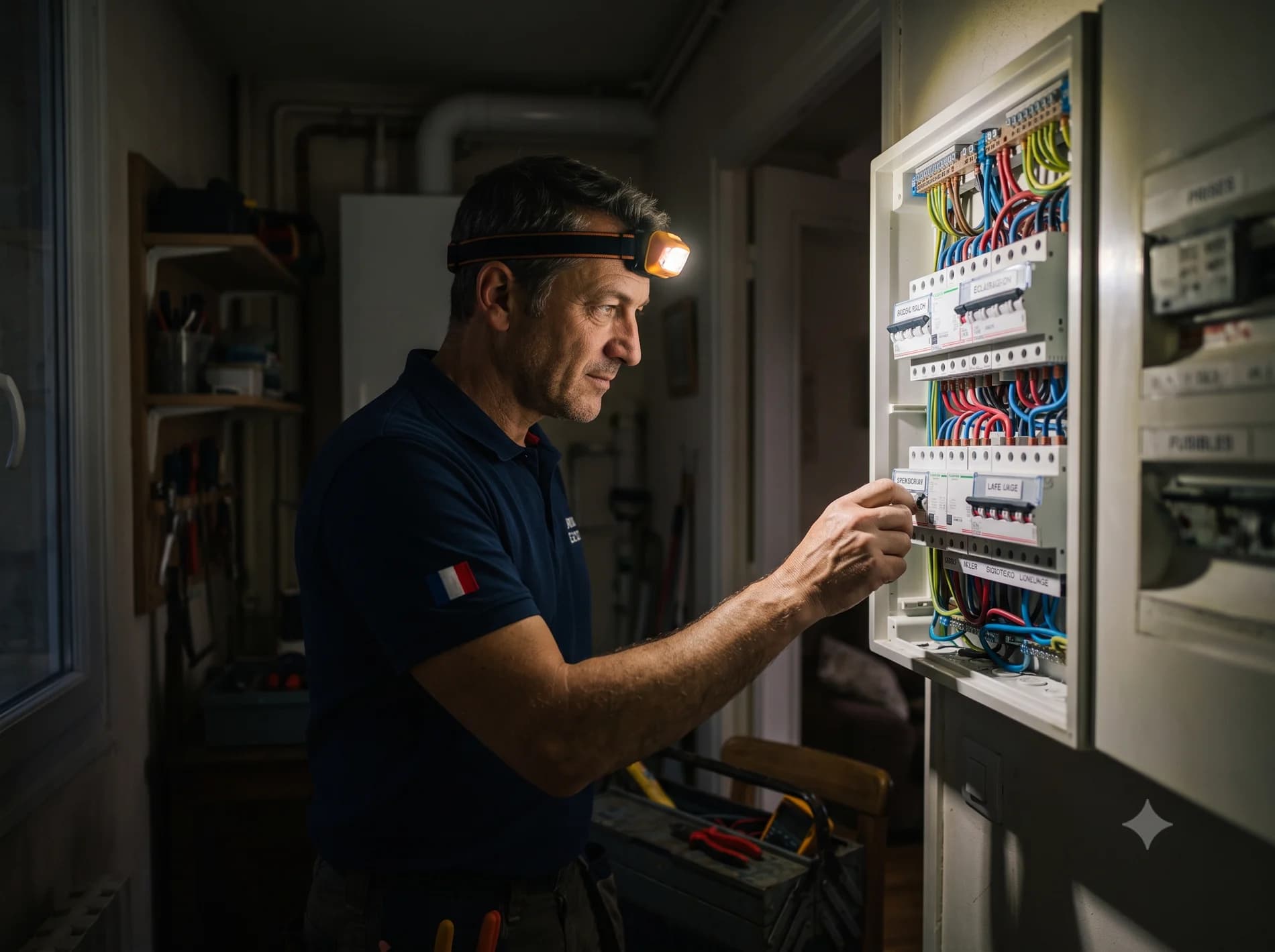 Électricien intervenant de nuit sur une panne de courant dans les Yvelines