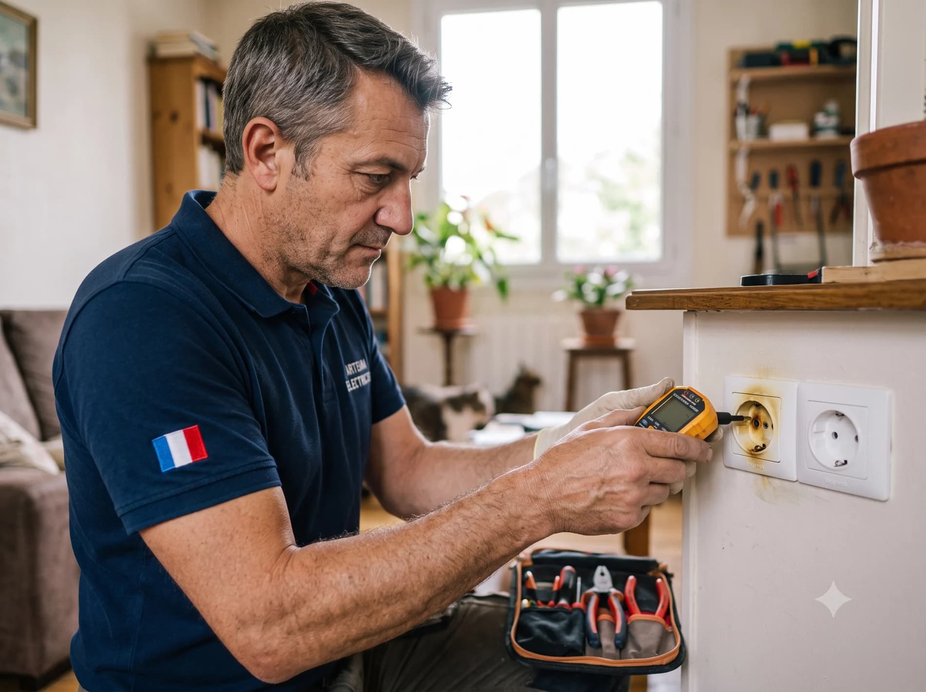 Électricien testant une prise de courant qui a chauffé dans les Yvelines